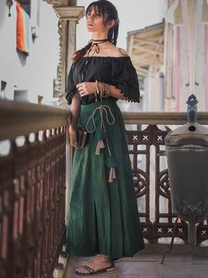 Fantasy Green One Side Pleated Skirt Pant Combo With Jute Hangings 1