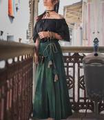 Fantasy Green One Side Pleated Skirt Pant Combo With Jute Hangings