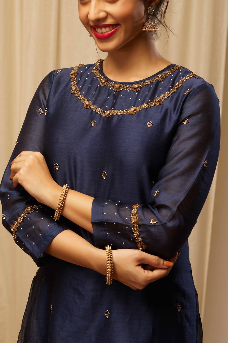 Dark Blue Chanderi with hand embroidery work Kurti