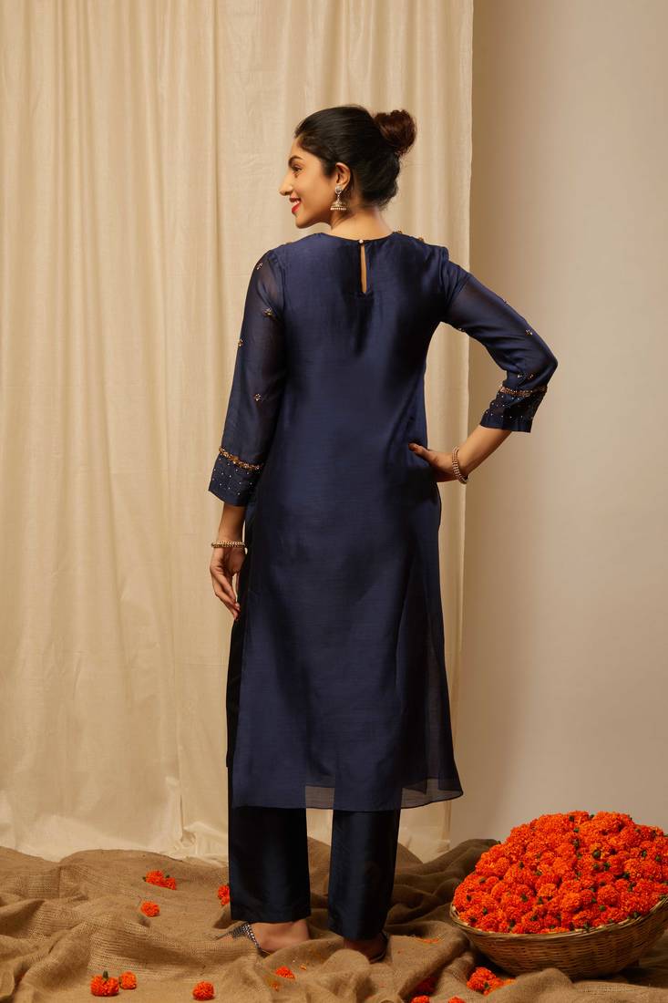 Dark Blue Chanderi with hand embroidery work Kurti