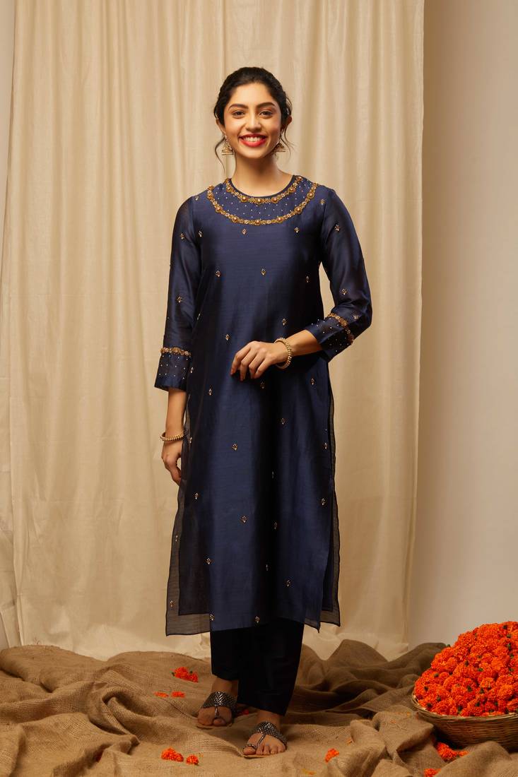 Dark Blue Chanderi with hand embroidery work Kurti