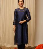 Dark Blue Chanderi with hand embroidery work Kurti