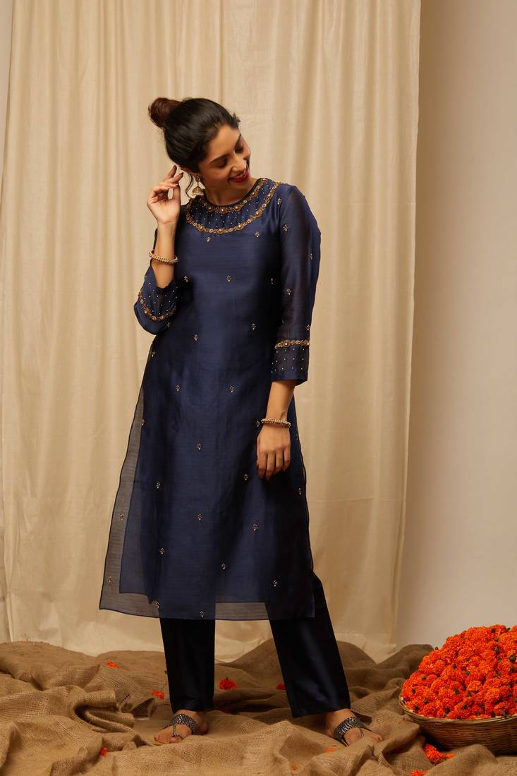 Dark Blue Chanderi with hand embroidery work Kurti