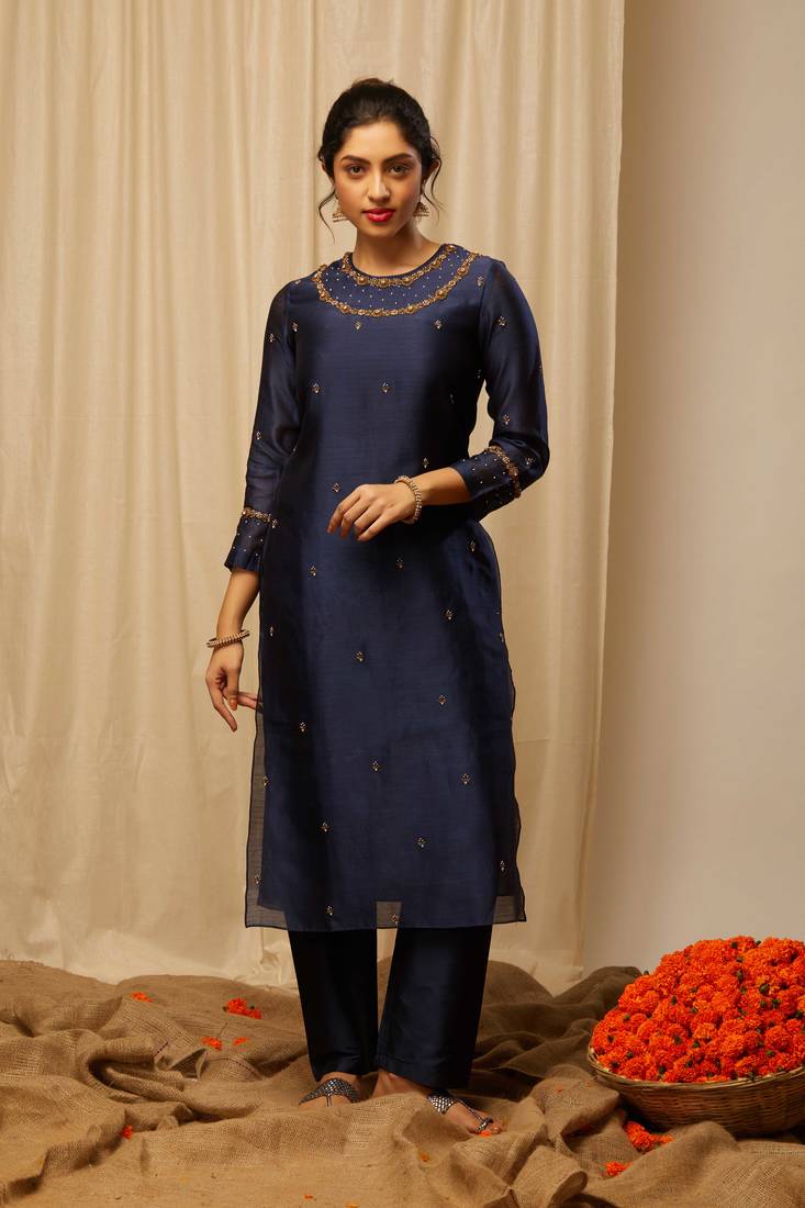 Dark Blue Chanderi with hand embroidery work Kurti