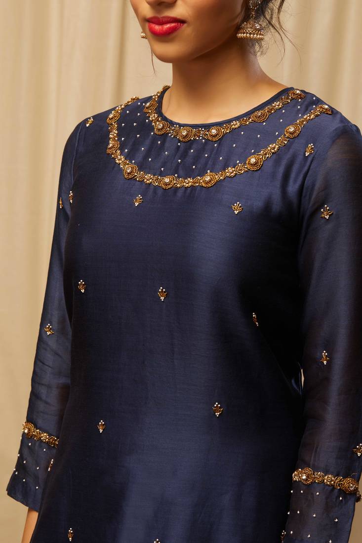 Dark Blue Chanderi with hand embroidery work Kurti