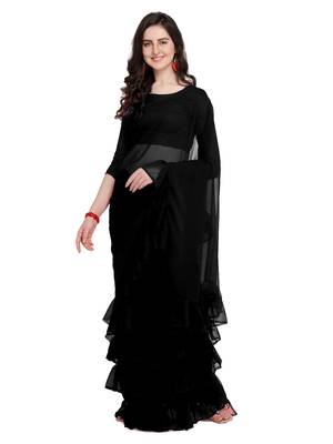 Black Plain Georgette Ruffle Saree With Blouse 1