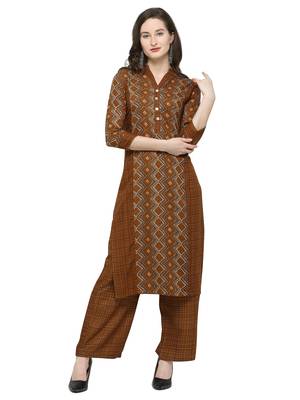 Brown Printed Rayon Kurta Sets 1