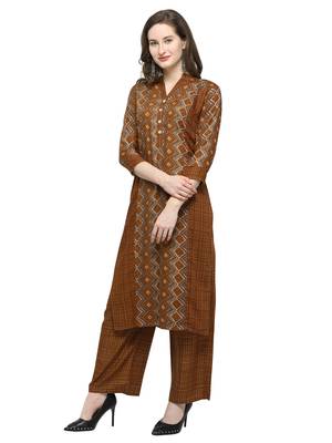 Brown Printed Rayon Kurta Sets 2