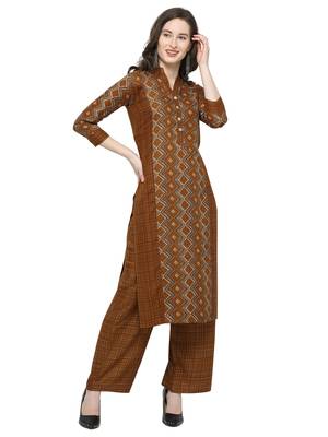 Brown Printed Rayon Kurta Sets 3