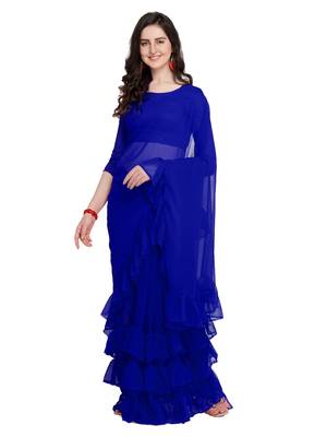 Royal Blue Plain Georgette Saree With Blouse 1