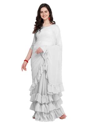 White Plain Georgette Saree With Blouse 1