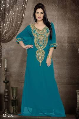 Teal Georgette Embroidered Zari_Work Islamic-Kaftans 1
