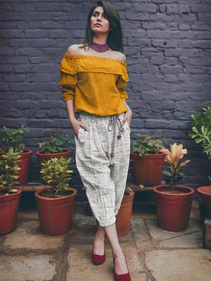 Mustard Off-Shoulder Top and Black Slub Calf Length Pant Pair 1
