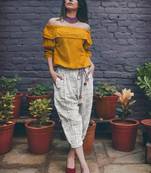 Mustard Off-Shoulder Top and Black Slub Calf Length Pant Pair
