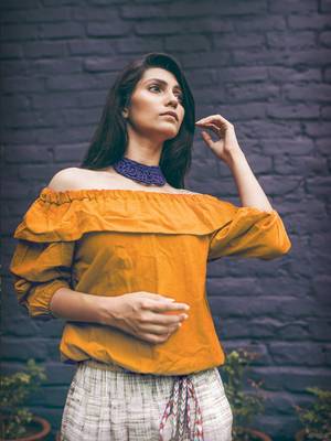 Mustard Off-Shoulder Top and Black Slub Calf Length Pant Pair 2