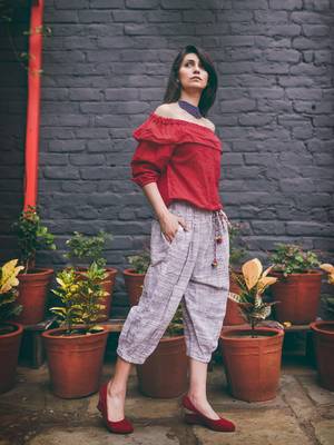 Red Off-Shoulder Top and Purple Slub Calf Length Pant Pair 1