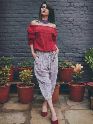 Red Off-Shoulder Top and Purple Slub Calf Length Pant Pair 2