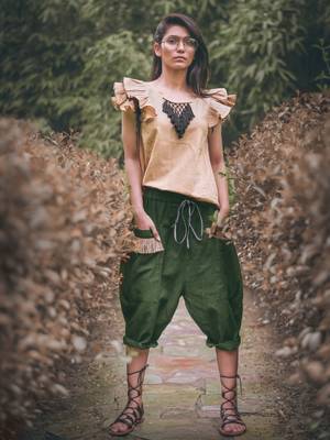 Low Crotch Military Green Baggy Pant With Beige Top 1