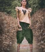 Low Crotch Military Green Baggy Pant With Beige Top