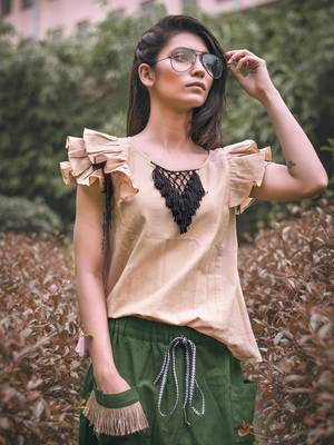 Low Crotch Military Green Baggy Pant With Beige Top 2