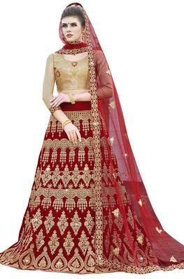 Red Embroidered Velvet Semi Stitched Lehenga 1