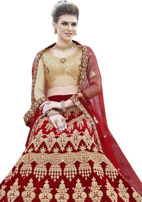 Red Embroidered Velvet Semi Stitched Lehenga 2