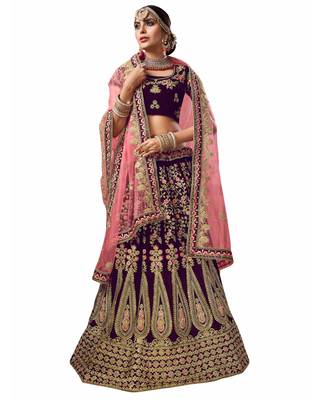 Purple Embroidered Velvet Semi Stitched Lehenga 1