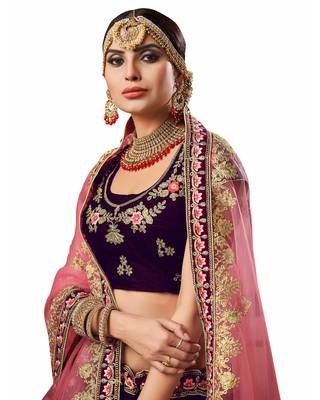 Purple Embroidered Velvet Semi Stitched Lehenga 2