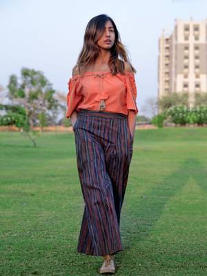 Peach Off- Shoulder Palazzo Khadi Top And Bottom Set 1