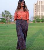 Peach Off- Shoulder Palazzo Khadi Top And Bottom Set