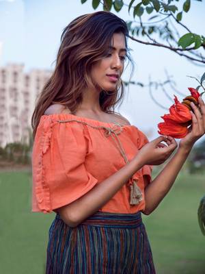 Peach Off- Shoulder Palazzo Khadi Top And Bottom Set 2