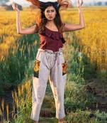 Deep Wine Fancy Top With Stripie High Waist Ankle length Pant Pair