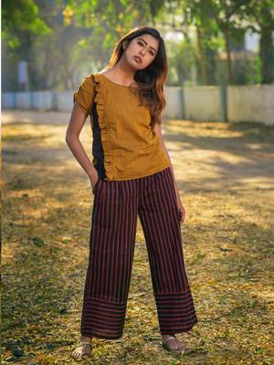 Mustard Top And Deep Wine Lining Pant Khadi Pair 1