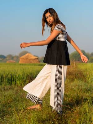 Khadi Checks Two Layered Pant And Black Top Pair 1