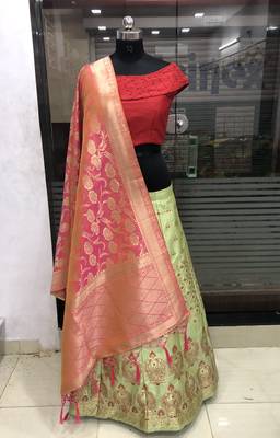 Light-Green Brocade Jacquard Semi Stitched Lehenga 1