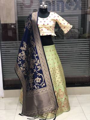 Light-Green Brocade Jacquard Semi Stitched Lehenga 1