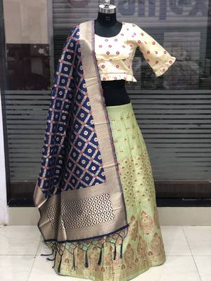 Light-Green Brocade Jacquard Semi Stitched Lehenga 1