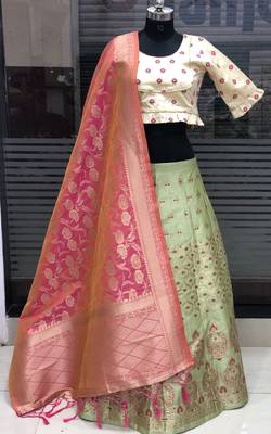Light-Green Brocade Jacquard Semi Stitched Lehenga 1