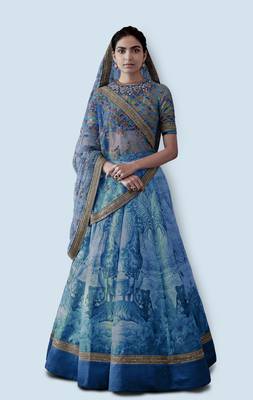 Blue Embroidered Art Silk Unstitched Lehenga 1