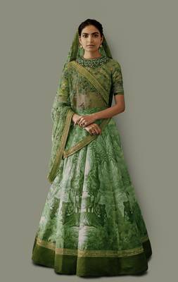 Green Embroidered Art Silk Unstitched Lehenga 1