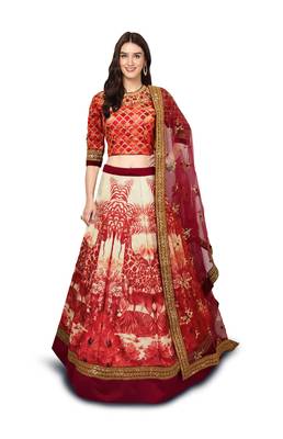 Red Embroidered Art Silk Unstitched Lehenga 1