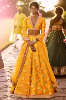 Yellow Art Silk Sequin Embroidered Lehenga