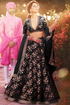Elegant Black Colored Embroidered Art Silk Designer Wedding Lehenga For Women 1