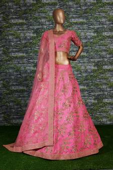 Elegant Pink Colored Embroidered Art Silk Designer Wedding Lehenga For Women