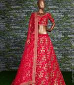 Elegant Red Colored Embroidered Art Silk Designer Wedding Lehenga For Women