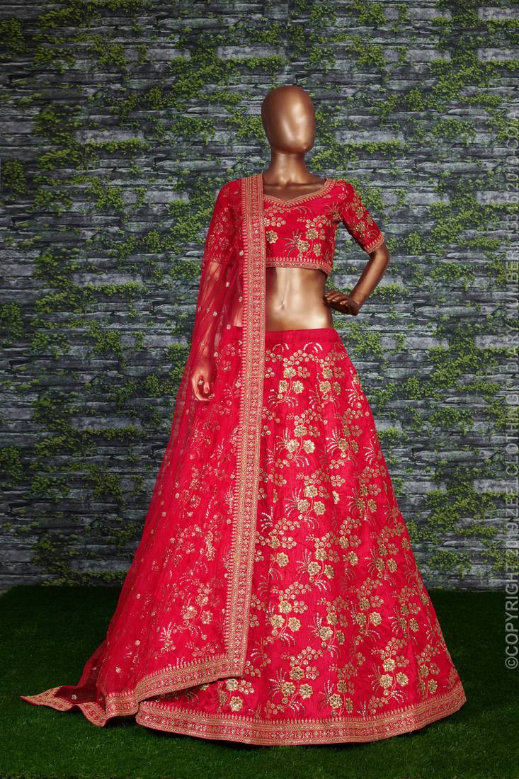 Elegant Red Colored Embroidered Art Silk Designer Wedding Lehenga For Women