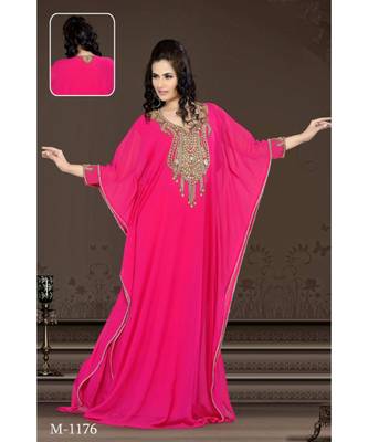 Fuchsia Pink Georgette Embroidered Zari Work Islamic-Kaftans 1