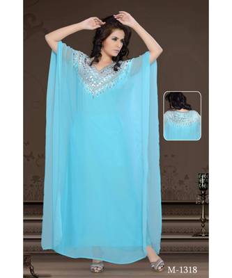 Sky-Blue Georgette Embroidered Zari Work Islamic-Kaftans 1
