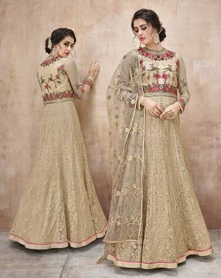 Net Embroidered Beige Floor Length Anarkali Suit 1