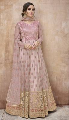 Floor Length Anarkali Suit Embroidered Net In Pink 1